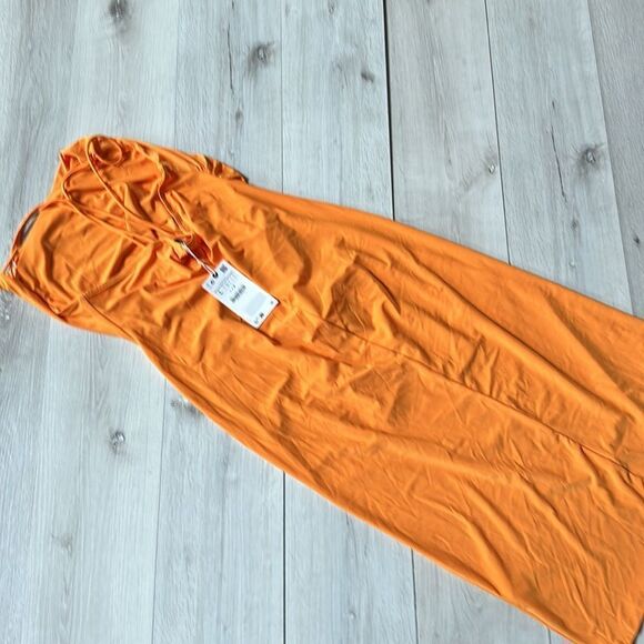 Zara Draped Neck Dress with thin double straps in back Orange L NWT - Picture 9 of 10